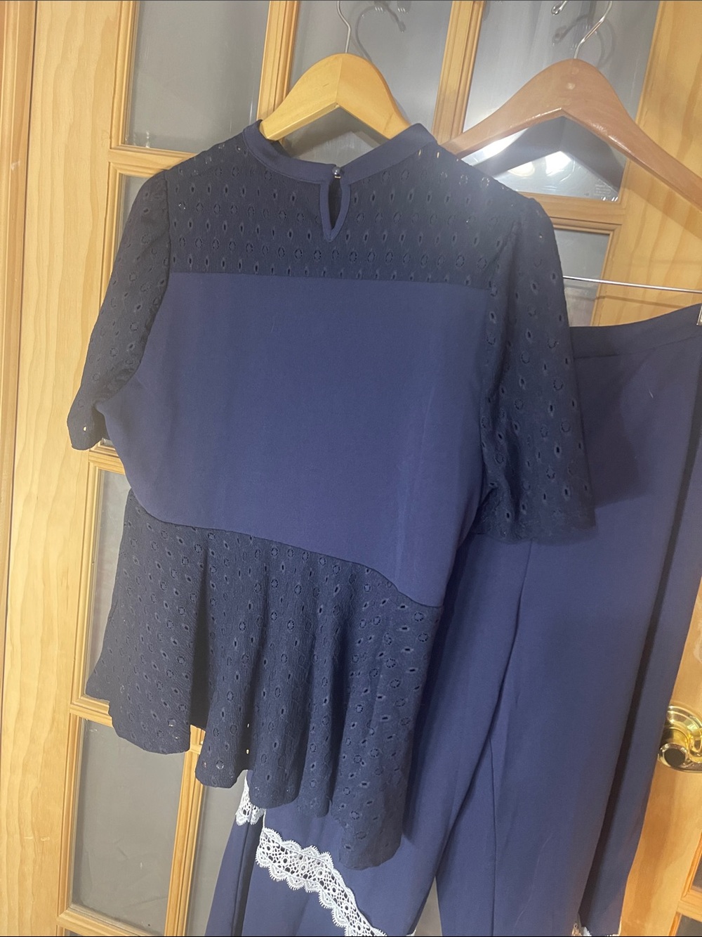 200. Navy Eyelet Short-Sleeve Top & Lace-Trim Wide-Leg Pants Set - Picture 7 of 10